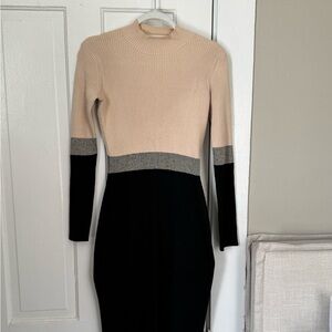Colorblock Ribbed Long Sleeve Dress in Beige and Black